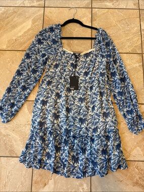 PAIGE Blue and White Palm-Print Long Sleeve Mini Dress
